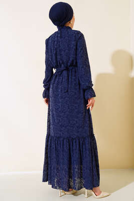 Yakası Fırfırlı Kuşaklı Elbise Lacivert - Thumbnail