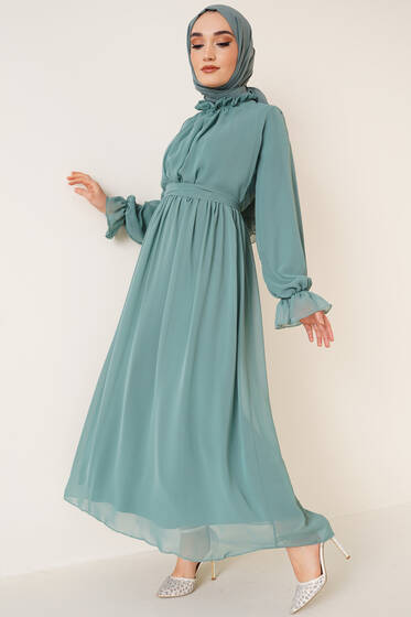 Yakası Fırfırlı Şifon Elbise Mint - Tesettür Elbise