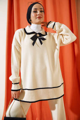 Yakası Fiyonklu Triko İkili Takım Bej - Triko İkili Takım