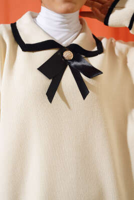 Yakası Fiyonklu Triko İkili Takım Bej - Triko İkili Takım