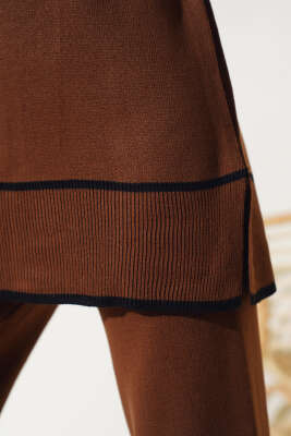 Yakası Fiyonklu Triko İkili Takım Kahve - Triko İkili Takım