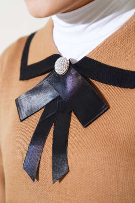 Yakası Fiyonklu Triko İkili Takım Latte - Triko İkili Takım