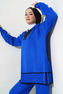 Yakası Fiyonklu Triko İkili Takım Saks - Triko İkili Takım