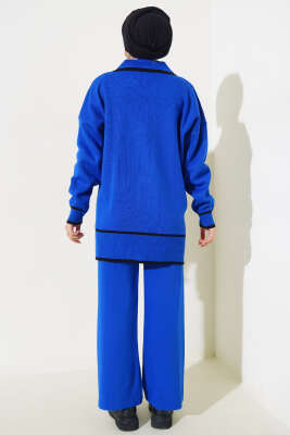 Yakası Fiyonklu Triko İkili Takım Saks - Triko İkili Takım