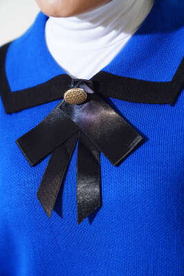 Yakası Fiyonklu Triko İkili Takım Saks - Triko İkili Takım