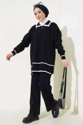 Yakası Fiyonklu Triko İkili Takım Siyah - SUDE NAZ