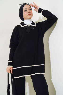 Yakası Fiyonklu Triko İkili Takım Siyah - Triko İkili Takım