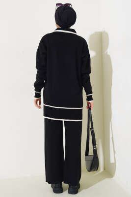 Yakası Fiyonklu Triko İkili Takım Siyah - Triko İkili Takım