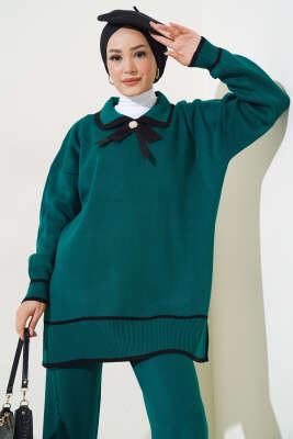 Yakası Fiyonklu Triko İkili Takım Zümrüt - Triko İkili Takım