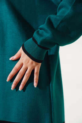 Yakası Fiyonklu Triko İkili Takım Zümrüt - Triko İkili Takım