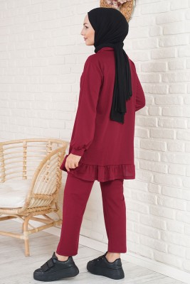 Yakası Fularlı Bordo İkili Takım - İKİLİ TAKIM