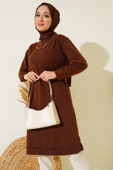 Yakası Gold Zincirli Tunik Kahve - Tunik