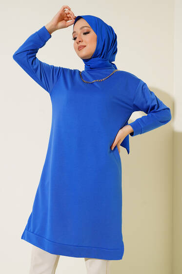 Yakası Gold Zincirli Tunik Saks - Tunik