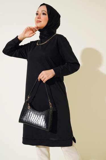 Yakası Gold Zincirli Tunik Siyah - Tunik