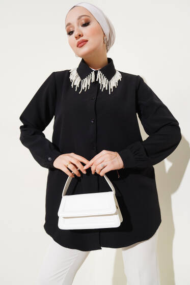 Yakası İnci Sallantılı Gömlek Siyah - Gömlek