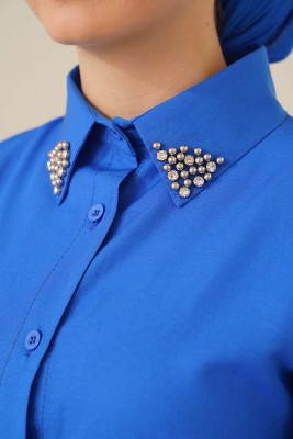 Yakası İnci Süslemeli Gömlek Tunik Saks - Thumbnail