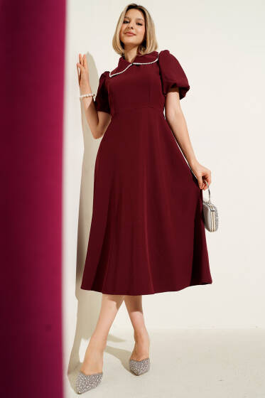 Yakası İncili Balon Kol Elbise Bordo - Kadın Giyim Modelleri