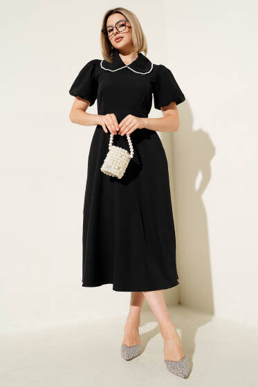 Yakası İncili Balon Kol Elbise Siyah - Kadın Giyim Modelleri