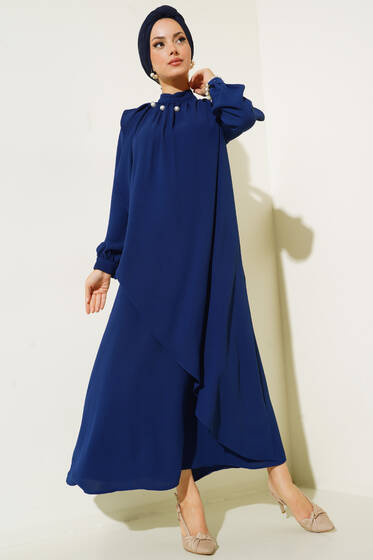 Yakası İncili Elbise Lacivert - Tesettür Elbise