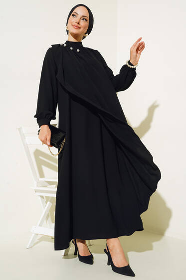 Yakası İncili Elbise Siyah - Tesettür Elbise