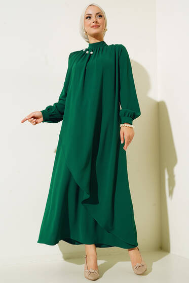 Yakası İncili Elbise Yeşil - Tesettür Elbise