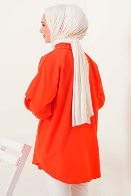 Yakası İncili Oranj Gömlek - Tunik