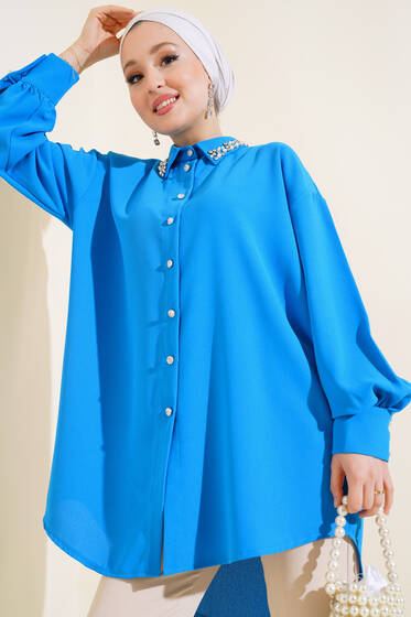 Yakası İncili Taşlı Gömlek Mavi - Gömlek