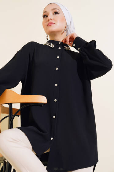 Yakası İncili Taşlı Gömlek Siyah - Gömlek