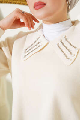 Yakası İncili Triko Jile Takım Bej - Triko İkili Takım