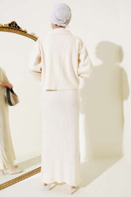 Yakası İncili Triko Jile Takım Bej - Triko İkili Takım