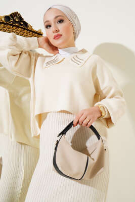 Yakası İncili Triko Jile Takım Bej - Triko İkili Takım