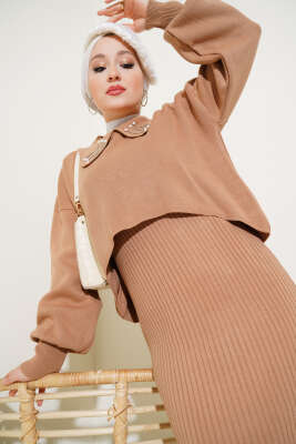 Yakası İncili Triko Jile Takım Bisküvi - Triko İkili Takım