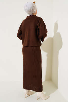 Yakası İncili Triko Jile Takım Kahve - Triko İkili Takım