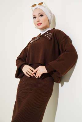 Yakası İncili Triko Jile Takım Kahve - Triko İkili Takım