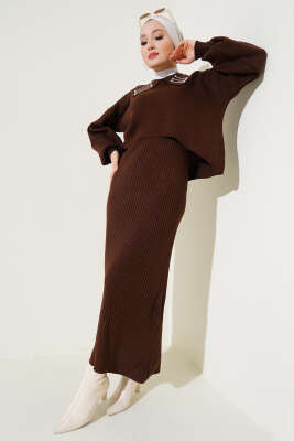 Yakası İncili Triko Jile Takım Kahve 