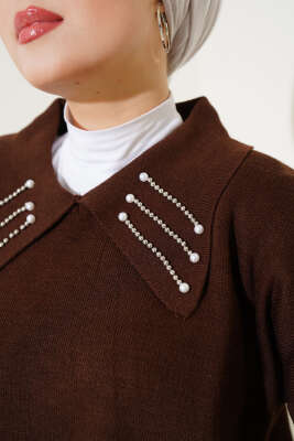 Yakası İncili Triko Jile Takım Kahve - Triko İkili Takım