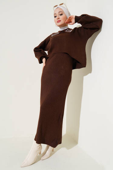 Yakası İncili Triko Jile Takım Kahve - Triko