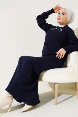 Yakası İncili Triko Jile Takım Lacivert - SUDE NAZ
