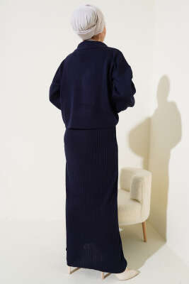 Yakası İncili Triko Jile Takım Lacivert - Triko İkili Takım