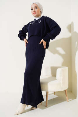 Yakası İncili Triko Jile Takım Lacivert - Triko İkili Takım