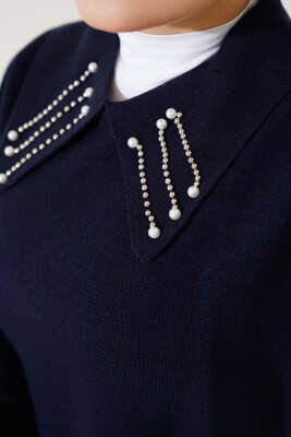 Yakası İncili Triko Jile Takım Lacivert - Triko İkili Takım