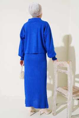 Yakası İncili Triko Jile Takım Saks - Triko İkili Takım