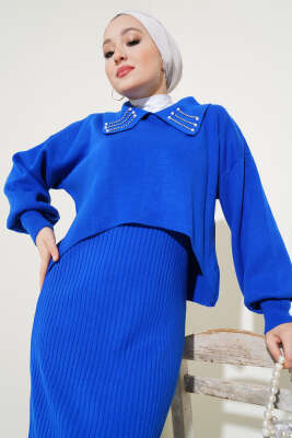 Yakası İncili Triko Jile Takım Saks - Triko İkili Takım