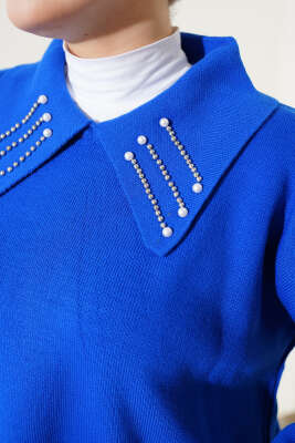 Yakası İncili Triko Jile Takım Saks - Triko İkili Takım