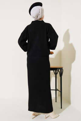 Yakası İncili Triko Jile Takım Siyah - Triko İkili Takım