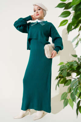 Yakası İncili Triko Jile Takım Zümrüt - Triko İkili Takım