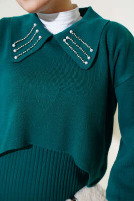 Yakası İncili Triko Jile Takım Zümrüt - Triko İkili Takım