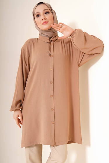 Yakası İpli Ayrobin Gömlek Latte - Gömlek