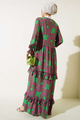 Yakası İpli Fırfır Detaylı Kat Kat Elbise Vizon Yeşil - Thumbnail