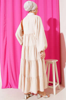 Yakası İpli Kat Model Elbise Bej - Tesettür Elbise